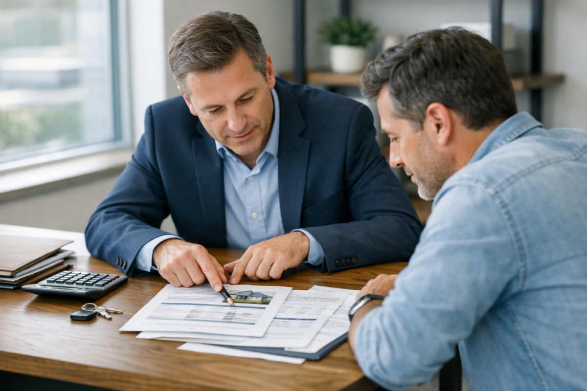 Two men reviewing financial documents at desk